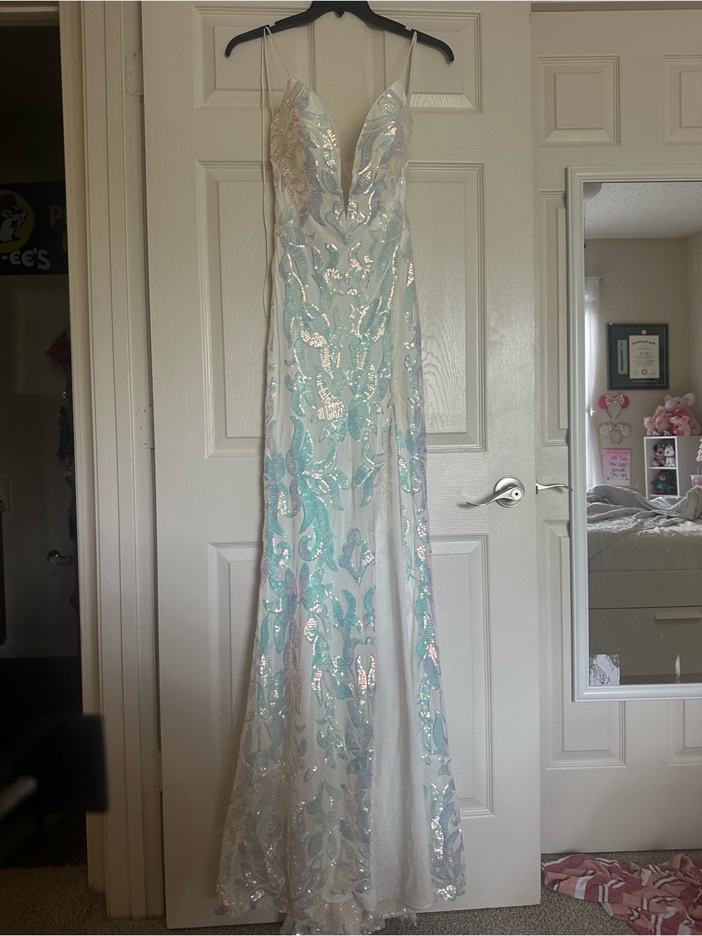 Iridescent Jovani Sequin White & Aqua Evening Gown